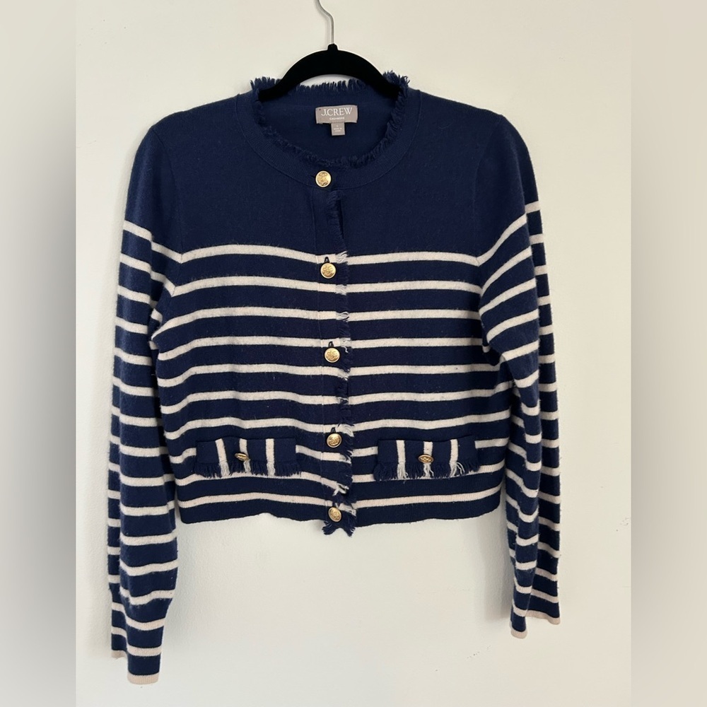 J. Crew Cashmere Blue White Striped fringe-trim sweater lady jacket Size Large - Picture 3 of 7